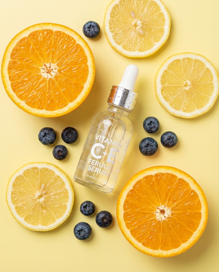 A luxury beauty product photographed on a marble or stone surface with dramatic lighting that creates elegant shadows and highlights, the minimalist composition conveying sophistication and premium quality