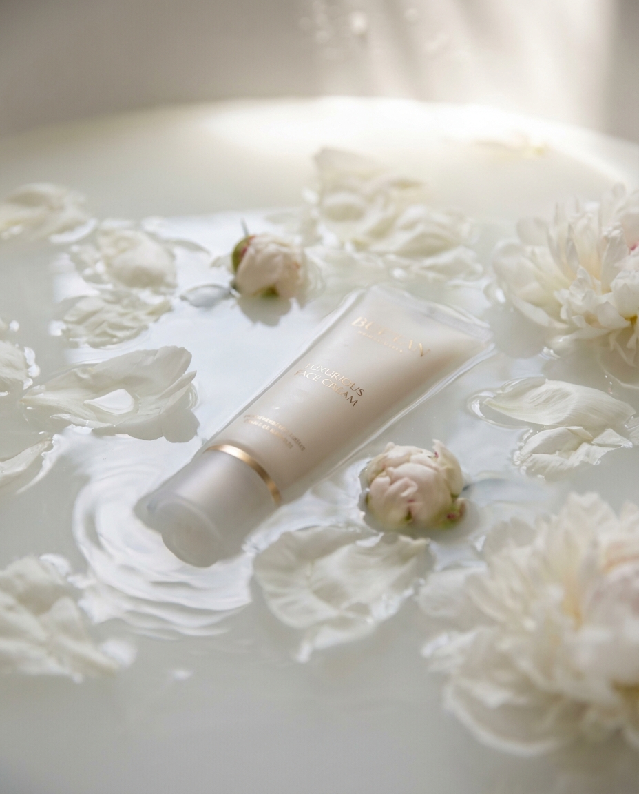 A set of beauty products arranged in a lifestyle setting with complementary textures and soft ambient lighting, the cohesive styling creating a complete brand narrative that feels editorial and aspirational