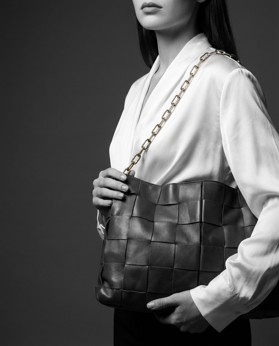 Model carrying a dark woven leather shoulder bag with chunky gold chain strap against a grey backdrop, luxury fashion editorial style
