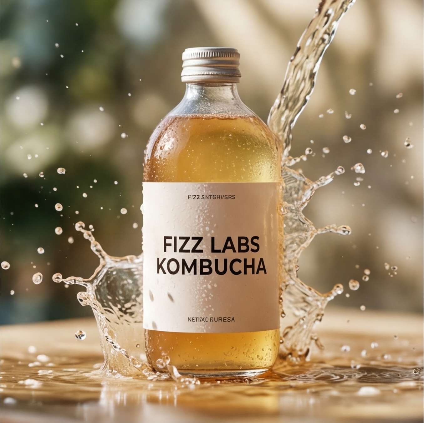 A glass bottle of artisanal juice or smoothie placed on a bright surface surrounded by fresh fruits and natural ingredients, clean bright lighting emphasizing the vibrant colors of the drink